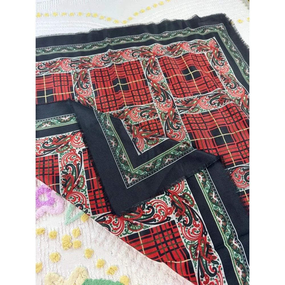 Vintage Made in Italy Plaid Paisley Square Scarf Red Black Fringed 32x32